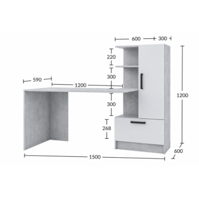 Biurko z regałem i szafką 150 cm industrial beton biały P półki