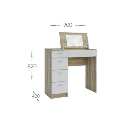 Toaletka z lustrem w blacie 90 cm 4 szuflady dąb sonoma biała