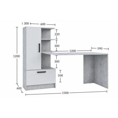 Biurko z regałem i szafką 150 cm industrial beton biały L półki