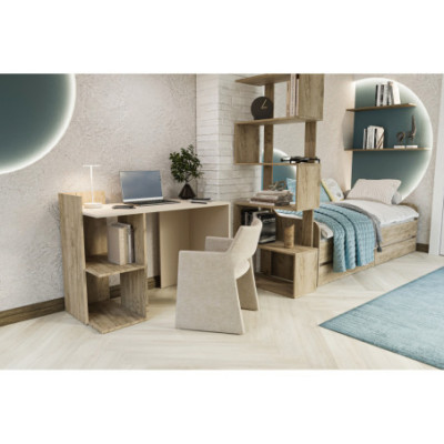 Biurko z regałem z boku 112 x 55 cm białe dąb sonoma 2 półki